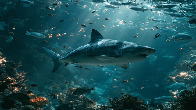 Full length shot of a big shark and small fishes swimming around a blue aquarium. 