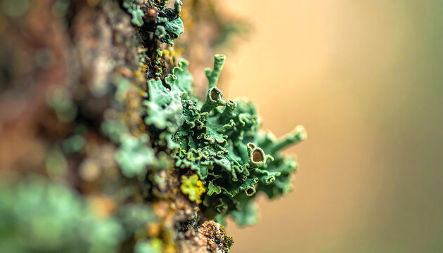 Close Up Macro View of Green Lichen Growing on Tree Bark with Soft Bokeh Background