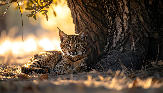Close up portrait of a wild bobcat resting under a tree in warm golden hour sunlight natural habitat wildlife