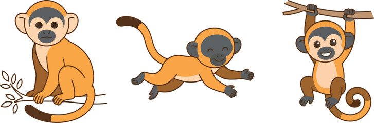Fototapeta premium Three cute cartoon squirrel monkeys in different poses.