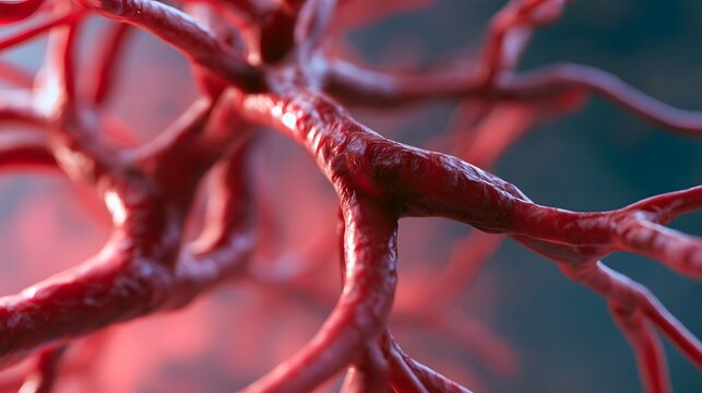 Close up view of branching red blood vessels with texture and anatomical detail under soft lighting