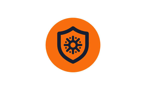 Bold shield icon with virus symbol on orange circular background for security
