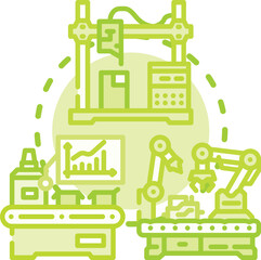Fototapeta premium Industrial fabrication process vector concept showing semiconductor wafer manufacturing with microchips, technology components, and an assembly of people observing innovation