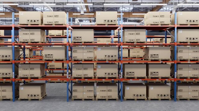 Realistic high quality 3D rendering of modern industrial warehouse metal shelves stacked with fragile cardboard boxes on wooden pallets in large storage facility