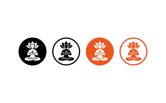 Flat yoga meditation icons showing person sitting lotus position with lotus flower symbol