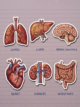 Detailed Educational Set of Anatomical Human Organ Stickers Featuring Brain Heart Lungs Liver Kidneys and Intestines