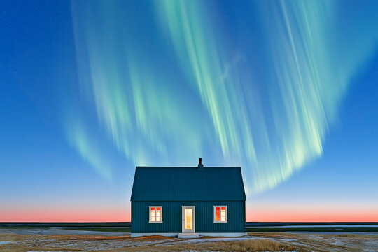 Vertical aurora bands above teal farmhouse with red-curtained windows on Icelandic sand flat