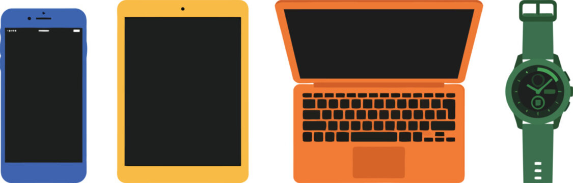 A collection of colorful modern electronic devices including a phone tablet laptop and watch.
