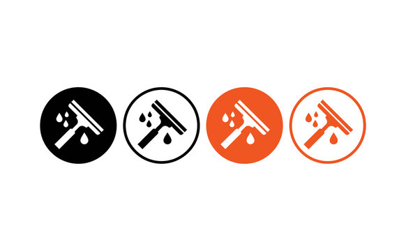 Modern squeegee window cleaning icon set with water drops in black and orange vector design
