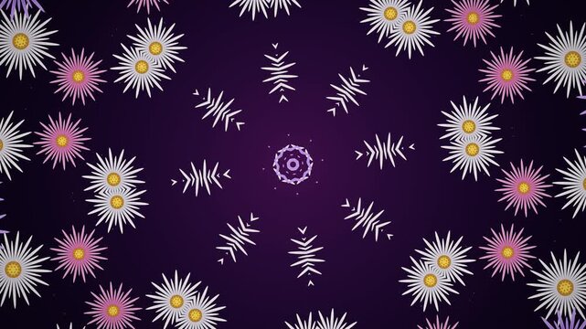 Elegant purple abstract background with symmetrical kaleidoscopic floral mandalas and starburst patterns
