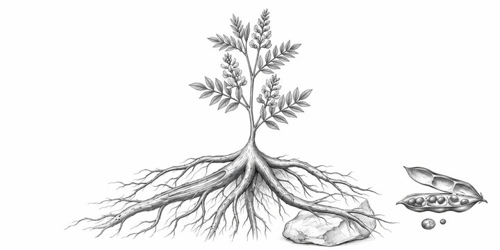 Licorice mulethi plant botanical dissection with underground taproot, leaves, and seed pod. Detailed pencil sketch on white background. Underground legume root sketch line drawing.