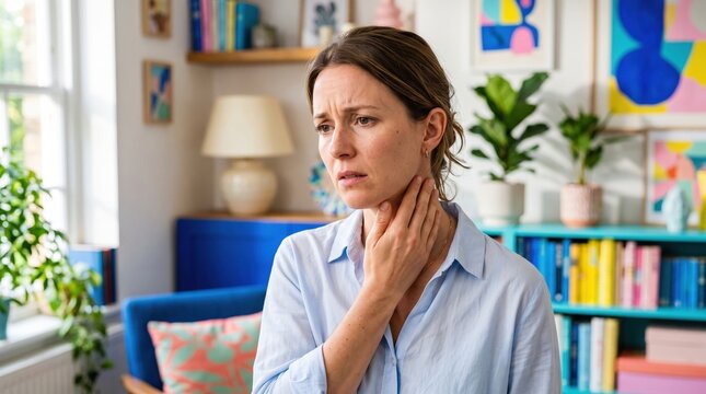 Woman touching her throat with a worried expression at home