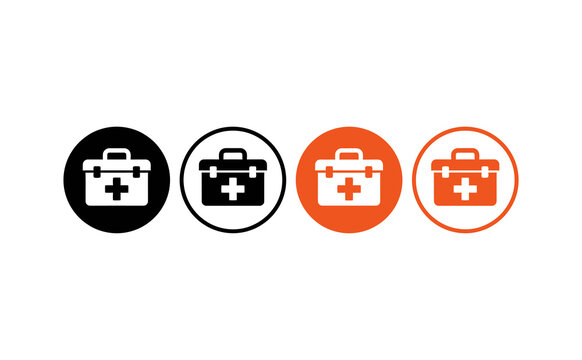 Graphic first aid kit icons in black and orange circular flat designs