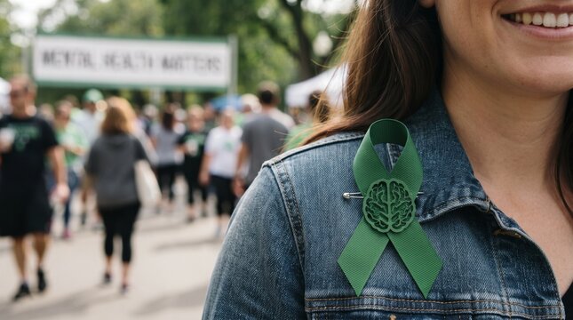 Green Mental Health Awareness Ribbon Pinned on Denim Jacket at Community Walk