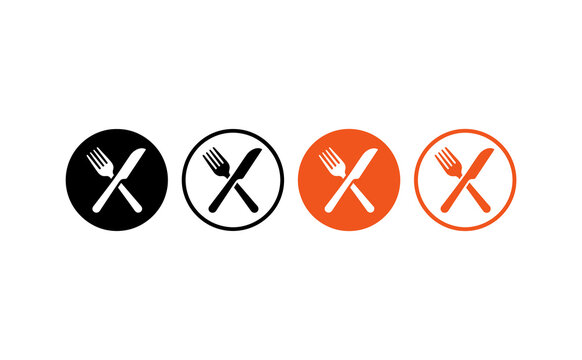 Modern cutlery icon set with crossed fork and knife in circle shapes