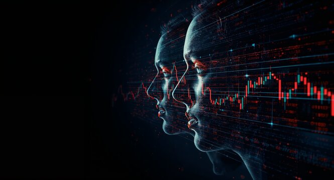 Dramatic visual representation of trading emotions with surreal faces morphing into bullish and bearish charts set against a dark backdrop with glowing data streams with copy space on the left