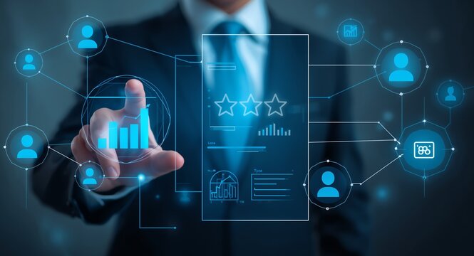 A visually engaging holographic representation of customer reviews, prominently featuring feedback graphs and sentiment analysis icons with sufficient negative space
