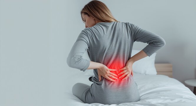 A woman seated in bed, holding her lower back in discomfort, illustrating chronic back pain in a relatable context, with space for healthcare messaging