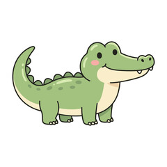 Fototapeta premium Cute cartoon green crocodile with cream belly, smiling and standing, kawaii vector illustration