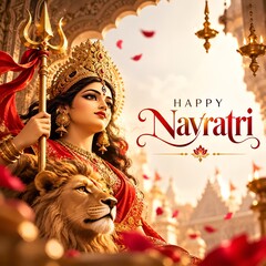 Fototapeta premium Goddess durga portrait with trishul and lion for happy navratri festival greeting