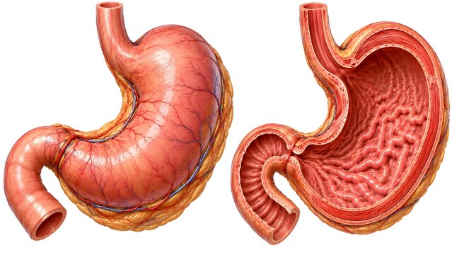 Detailed medical illustration of the human stomach showing external structure and internal mucosal folds for educational anatomy studies