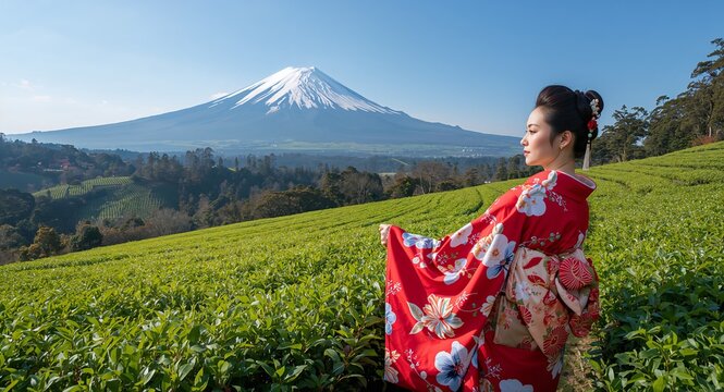 An Asian woman gracefully wearing a traditional Japanese kimono amidst verdant tea plantations and the illustrious Fuji mountain in Shizuoka, offering copy space
