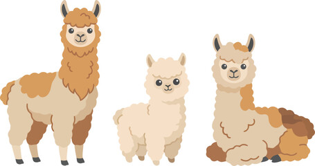 Obraz premium Three cute cartoon llamas standing and sitting in a row.