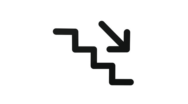 Minimalist vector graphic illustration of descending stairs with directional arrow pointing down in black