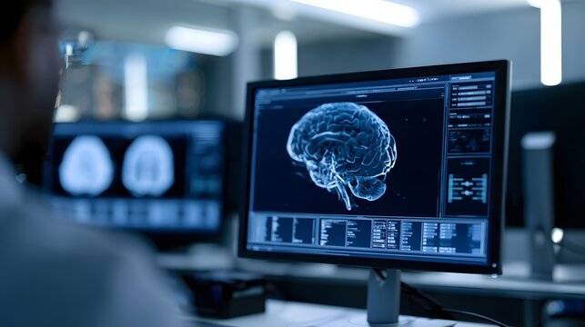 A person views a detailed 3D brain scan on a computer monitor in a modern medical or research facility