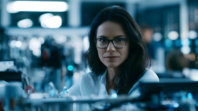 A focused woman with glasses in a high tech lab environment with glowing equipment and blurred background