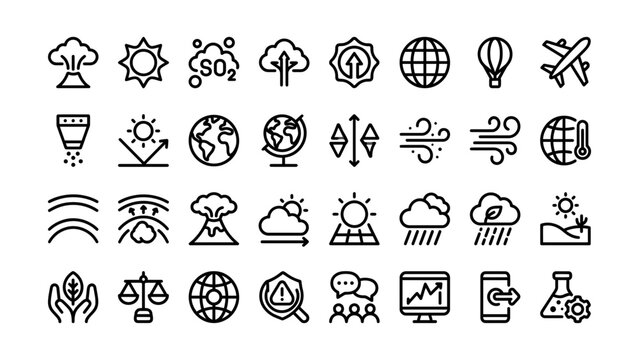 Collection of various environmental climate and science icons on transparent background