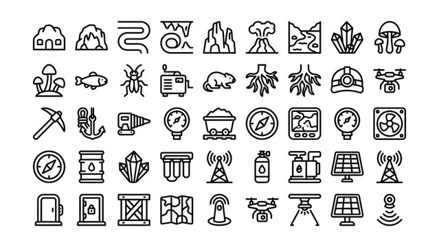 Collection of various icons representing nature exploration and technology tools isolated on transparent background
