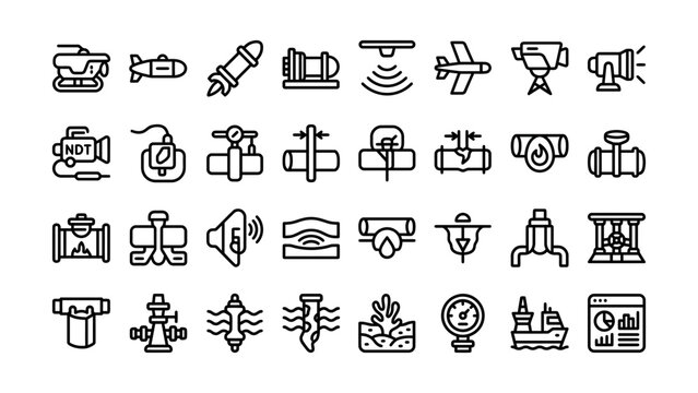 Collection of various transportation and industrial equipment icons isolated on transparent background