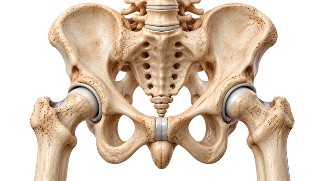 Detailed 3D medical illustration of the human pelvic bone structure, showcasing hip joints, sacrum, and skeletal anatomy for education
