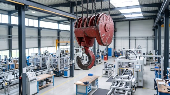Overhead Crane Hook Suspended Above Modern Factory Production Floor with Industrial Machinery