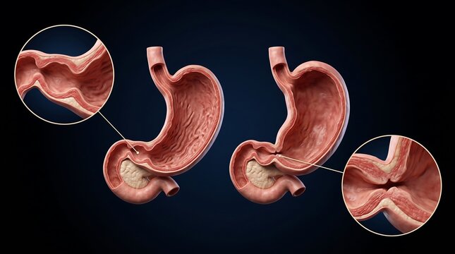 Detailed anatomical illustration of the human stomach showing internal structures and the pyloric sphincter in two different states.
