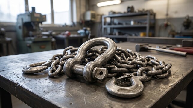 Heavy Steel Shackles, Lifting Chains and Rigging Hooks on Industrial Workshop Bench