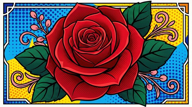 Pop art red rose illustration, vintage comic book floral frame design, bold red rose bloom with halftone dots background for graphic design