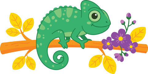 Obraz premium A cute cartoon green chameleon perched on a branch with purple flowers and yellow leaves.