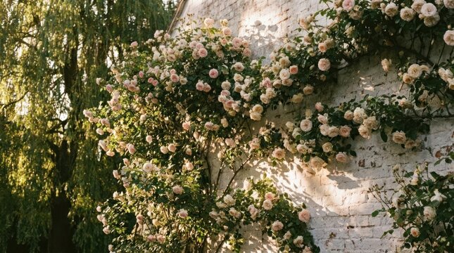 Climbing pale pink roses on white brick wall.
