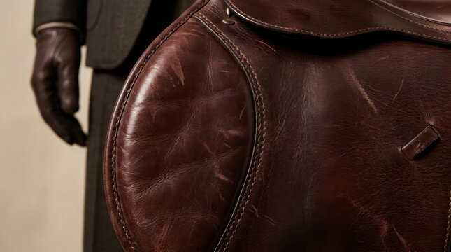 Close-up of brown leather saddle and gloves.