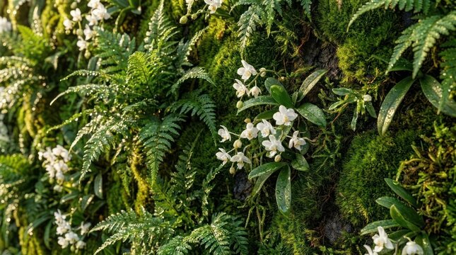 Close up of green living wall with white flowers.