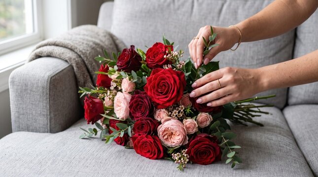 Romantic Red Rose Bouquet Arranged on Sofa, Woman Hands Crafting Floral Arrangement, Elegant Gift for Valentine Day