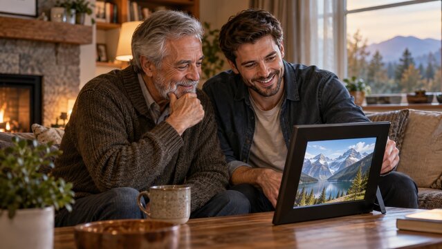 Father and son sharing a digital photo frame
