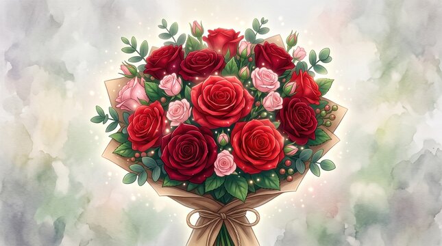 Romantic red rose bouquet wrapped in craft paper, elegant floral arrangement for Valentine's Day greeting card, blooming roses background