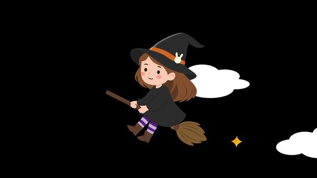 Flying witch in the night with broom animation