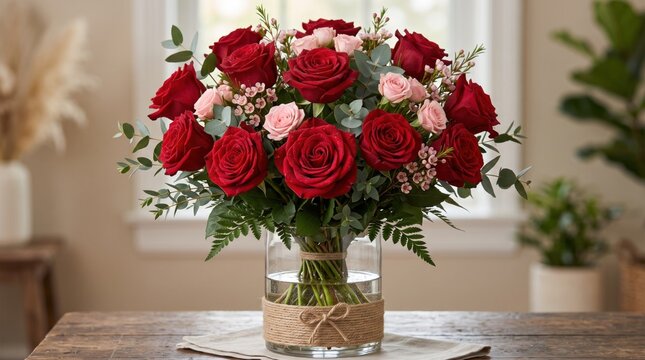 Romantic red rose bouquet in glass vase, elegant floral arrangement on wooden table, Valentine day romantic flower bouquet for anniversary gift