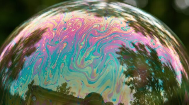 Colorful iridescent soap bubble surface with oil patterns.
