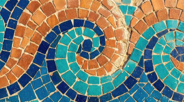 Colorful mosaic tile swirl pattern artwork.