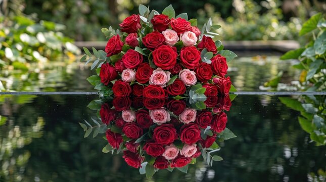 Romantic Red and Pink Rose Bouquet, Sphere Flower Arrangement with Reflection on Water, Floral Wedding Decoration